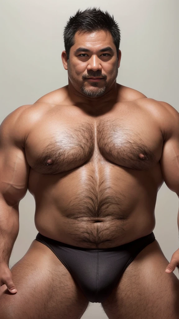 black hair, middle-aged man, individual, male, Muscular wrestler, muscular, Stout wrestler, Asian, Japanese, uncle, 55 year old middle-aged man, short hair, short hair, red wrestling boots, full body portrait, shadow, Vision, red briefs, obesity, 45 years old, short beard, middle-aged man, tattoo, fingerless gloves, Wheat skin, shiny skin, dark skin, Show your pectoral muscles, sumo wrestler, bodybuilder, wide temples, Visible abdominal muscles, Smile, Fine hands, solid color background, pure white background, Surrealism, Panorama, 8k, super detail,