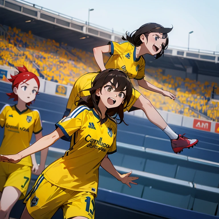( caras hermosas) The Dormunt women's soccer team celebrates its victory , contra el liverpool en la cancha de fondo, uniforme amarillo