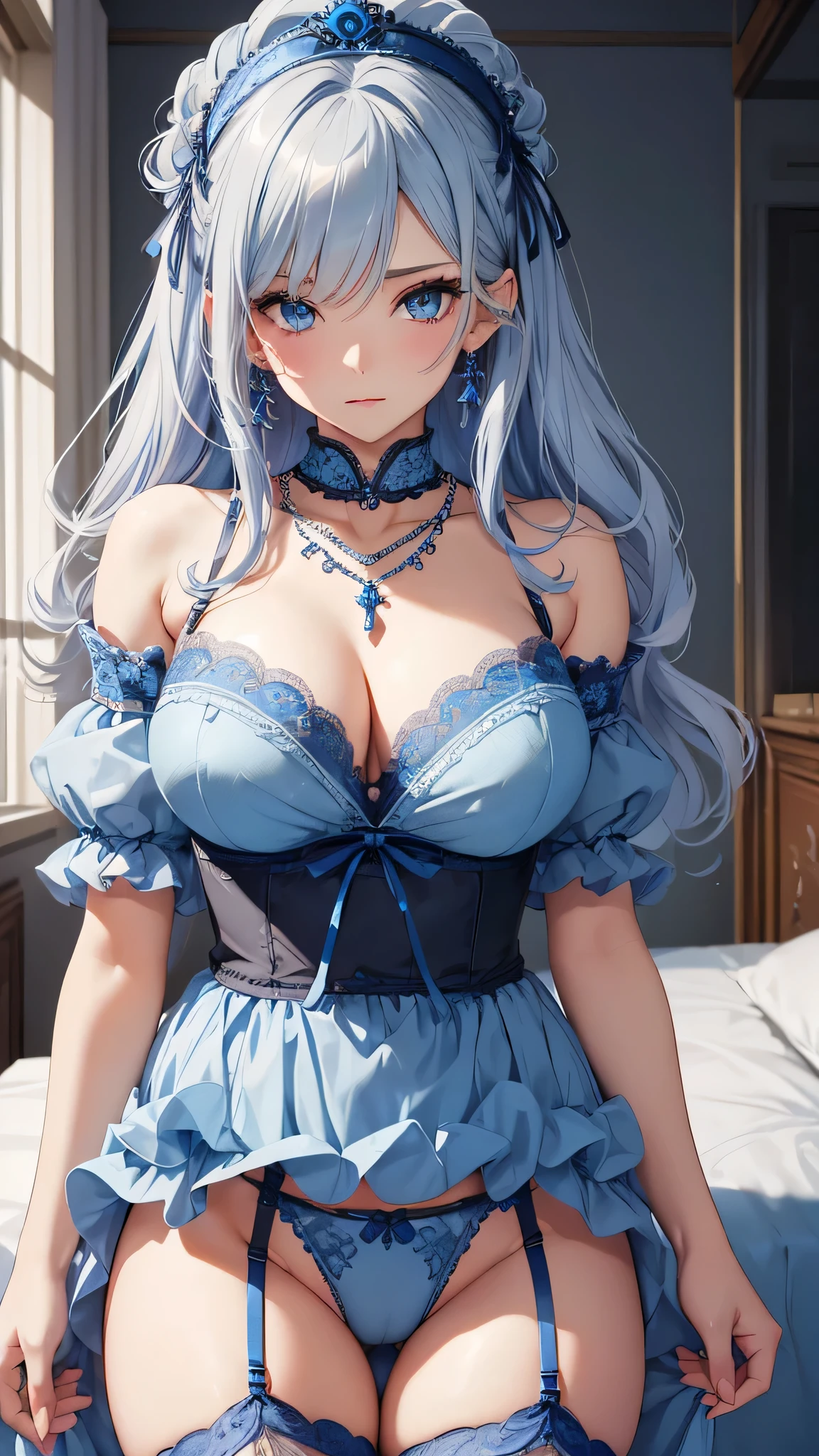 ((highest quality))、((Highest quality))、((Highest Resolution))、masterpiece、The most beautiful woman、Gray Hair, blue eyes, light blue garter belt, Big Breasts、Blue hair ornament、((to close range)), On the bed、Blue Necklace、Blue earrings