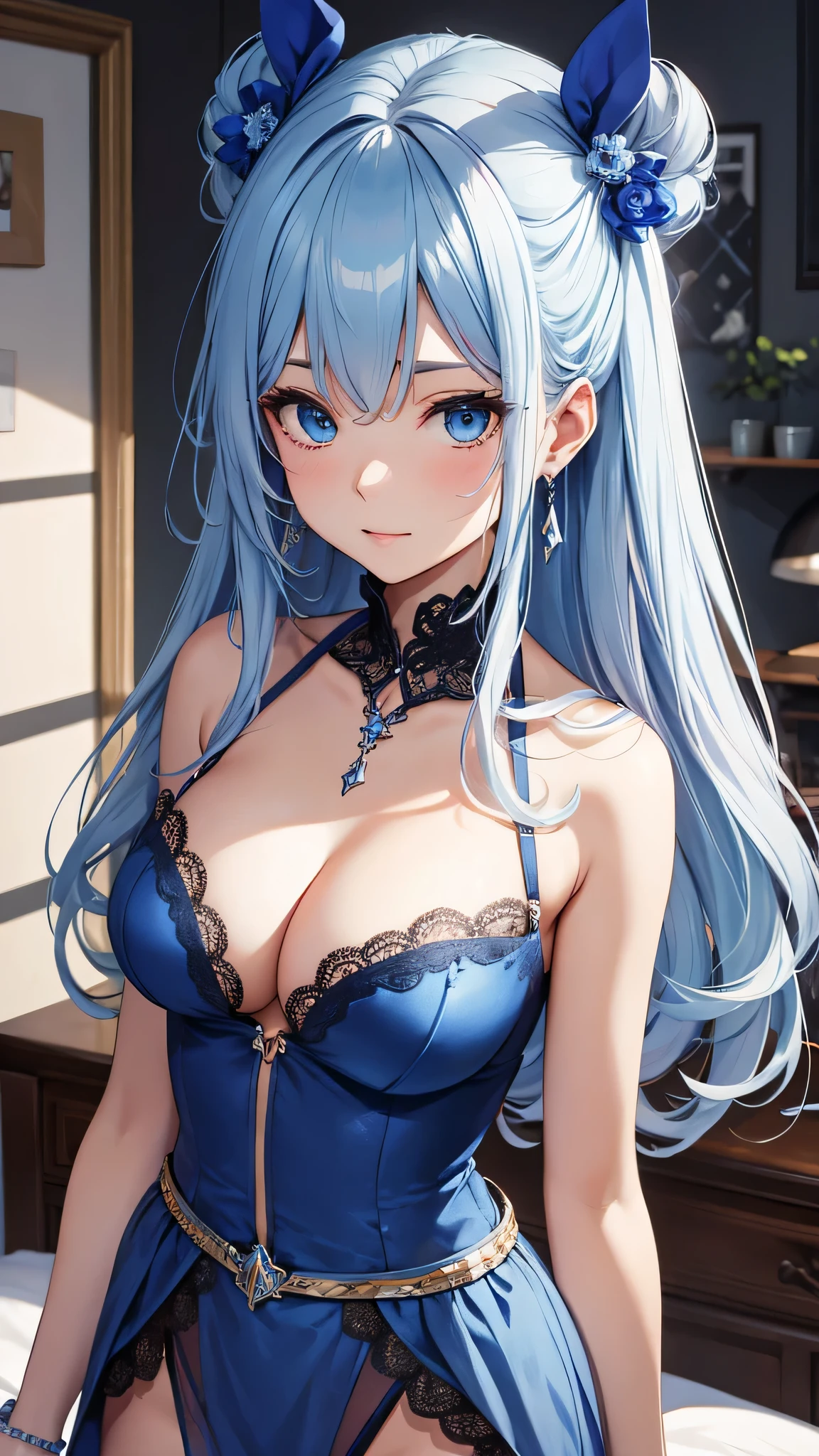 ((highest quality))、((Highest quality))、((Highest Resolution))、masterpiece、adult beauty、Gray Hair, blue eyes, light blue garter belt, Big Breasts、Blue hair ornament、((to close range)), On the bed、Blue Necklace、Blue earrings