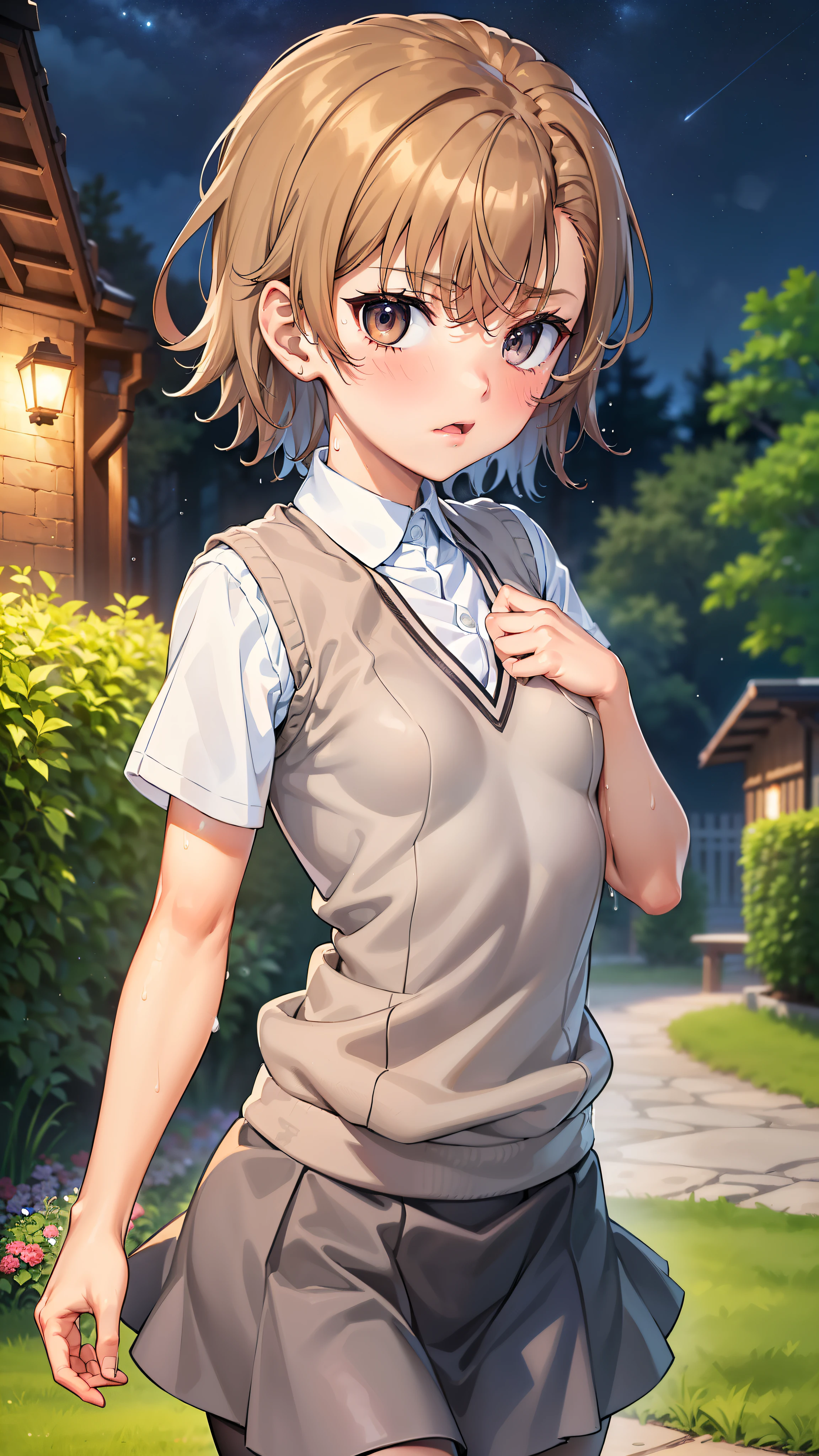 Smooth anime CG art、Focus Only、1 girl、Front view、(((Upper Body)))、(((Grey Skirt)))、Sweater vest、Short sleeve、(((Small breasts)))、(((sweat)))、Semi-short hair、(((Sweaty)))、Watery eye、blush、(((Embarrassed look)))、((Open your mouth))、(((Are standing)))、Spread your legs、((garden))、((Night Sky))、Midnight、Outdoor