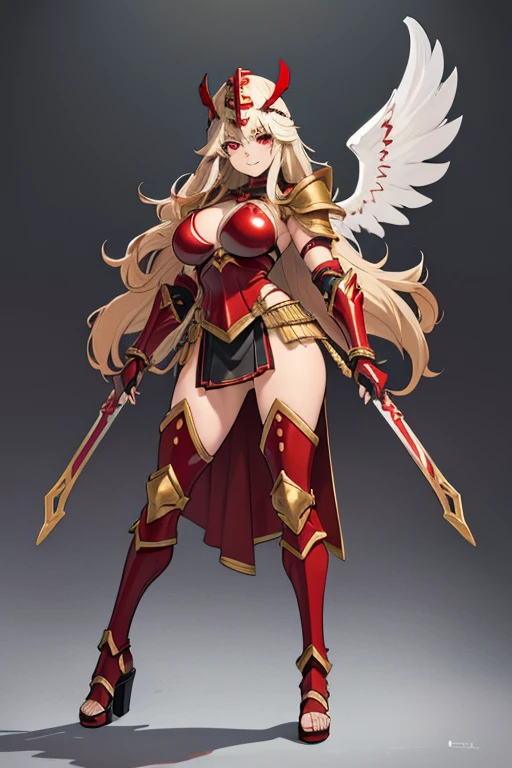 female, silver long hair, red eyes, tan skin, (((1girl))), (((red and black gladiator armor))), (red and black gladiator helmet), (gold jewelry), (black skirt), (black heeled sandals), cute and sexy, large breasts, large butt, full body, long legs, smiling, black angel wings on back