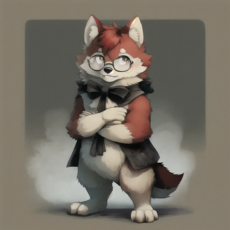 wear glasses,Red hair all over the body, Male wolf,short hair, Bright Eyes,The eyes are gray,With black bow,White belly,The tip of the tail is white,Meatballs Pink,hairy,hairy male ,Hana Charcoal,(Full body fur, hairy尾巴, Red fur,),Long canine teeth,Fluffy all over,Blank Background,Front view,Full body standing