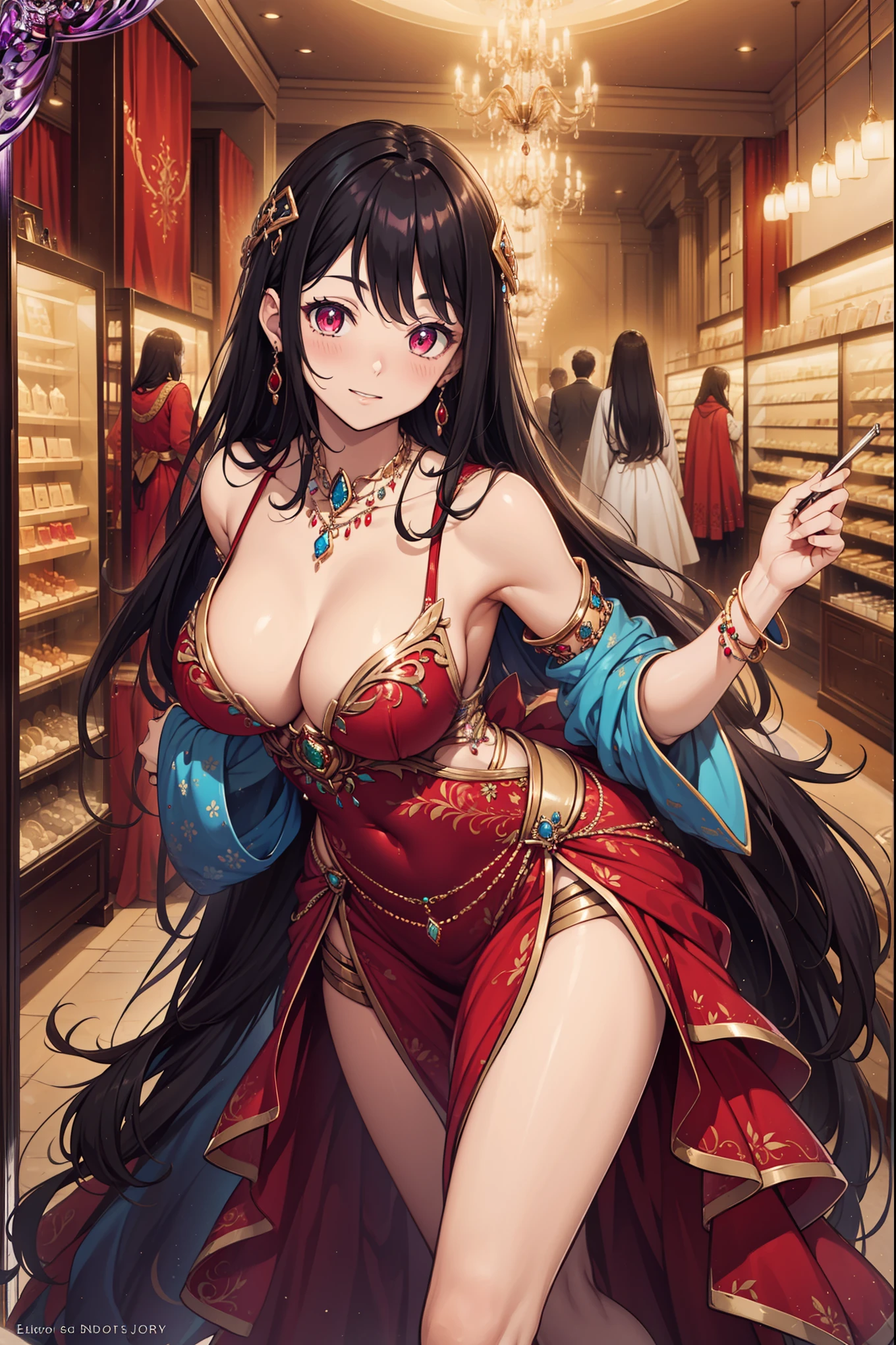 (Best quality, A high resolution, Textured skin, High quality, High details, High details,Extremely detailed CG unity), (female) Enchanted,having fun,Being in love,jeweler in fantasy world, purple hair, red eyes, exquisite costumes,solo person,fancy dress, Dazzle, woman, beautiful, (jewels), (sophisticated jewelry store), (in jewelry store), expensive jewelry everywhere, luxurious jewelry