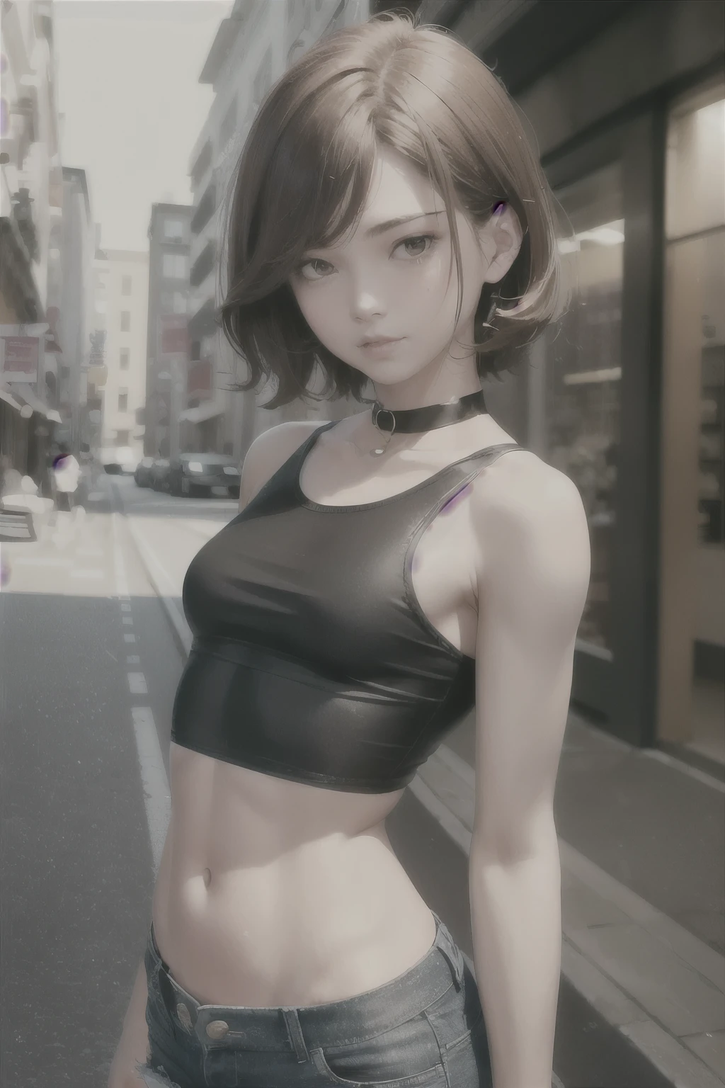 ((Mid-chest, Tomboy, Small Head)), Dawn, sunlight, (Trained abdominal muscles : 1.1), (Perfect body : 1.1), (Short Wavy Hair : 1.2) , Auburn Hair, collar, Lock, Half Body Shot, Crowded street, wearing a black tank top, Jeans jacket, ((Shorts)), (Very detailed CG 8k 壁紙), (Very delicate and beautiful), (masterpiece), (highest quality:1.0), (ultra High resolution:1.0),  Beautiful lighting ,Perfect Lightning, Realistic Shadows, [High resolution], Detailed skin, Very detailed 