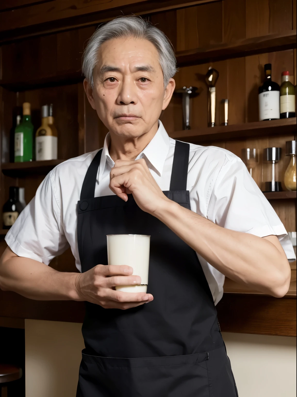 Japanese, Man in his 60s, Troubled face,Hold your head with both hands, Realistic teeth,, Waist up shot, The background is a restaurant, Black apron, Are crying