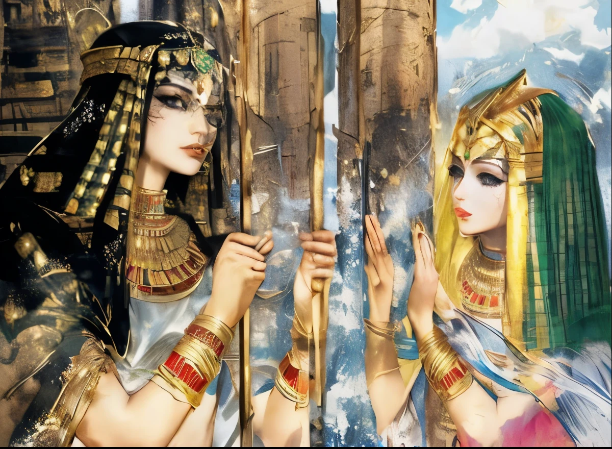 1 man and 1 woman, A picture of the Egyptian pharaoh and queen in the corridor, ****ung and handsome pharaoh with long black hair, The face has Egyptian black long eyeliner, Green Eyeshadow, Egyptian-style jewelry on the head and body, Pharaoh looking sideways at the queen, Looking at the Queen, queen, Long blond hair, Blue Eyes, Egyptian hairstyle, Egyptian black eyeliner on face, Green Eyeshadow, Egyptian-style jewelry on the head and body, The Queen stares at the Pharaoh, Smile, Gold snake bracelet on hand, Egyptian temple corridor in the background, There are 3 stone pillars, There are stone statues carved on it, Delicate skin, Adding details, Upper Body, makeup, Mannerism, Mannerism, Impressionism, 35mm, Eye-Level Shot, Sony FE GM, projected inset, HD, UHD, textured skin, best quality, retina, super detail, highres, masterpiece, ccurate, high details, anatomically correct, high quality, award winning, 8k, UHD, textured skin, best quality, retina, super detail, highres, masterpiece, ccurate, high details, 8k, high quality, anatomically correct