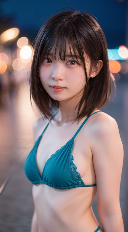 ((((Whole body 1.4)))), Bikini Swimwear Beach、highest quality, 8k, 15-year-old student, , RAW Photos, Absurd, Award-winning portraits, mouth, alone, night, neon, Idol'Face, Viola Lace, Gardenia, Delicate girl, Digital single-lens reflex camera, Looking at the audience, Frank, Sophisticated, Zola々right, Thin arms, Professional Lighting, Film Grain, chromatic aberration, (Eye and facial details:1.0), (Bokeh:1.1) , short hair