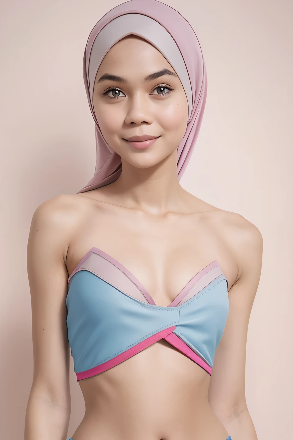 Vogue style photo shoot of malay teenage girl in bikini with pastel colored background in Wes Anderson style, hyper - realistic photography, Wes Anderson style, half body, 8k, (HIJAB)), strapless colorful satin, ((Flat Chest:1.5), 