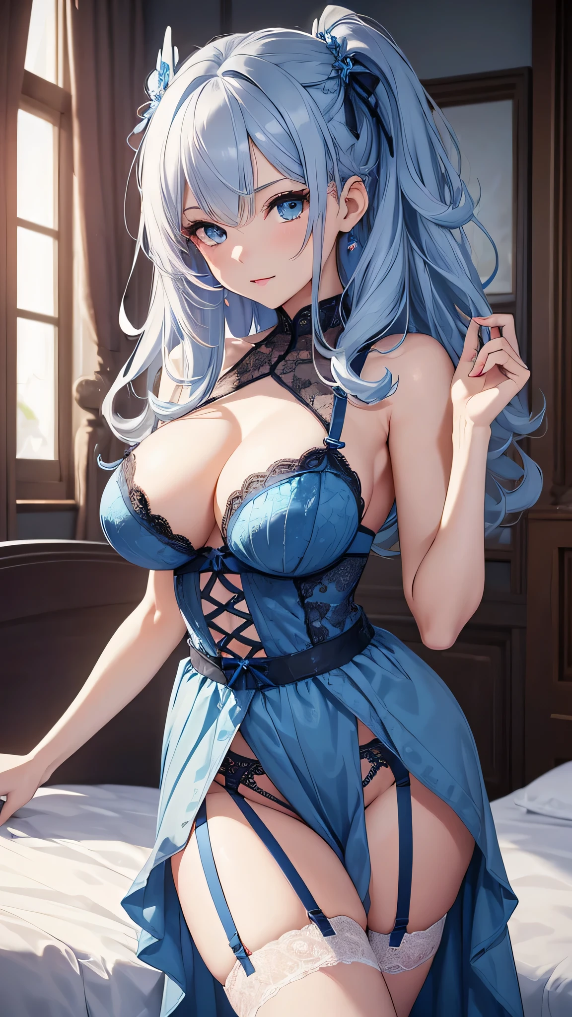 ((highest quality))、((Highest quality))、((Highest Resolution))、masterpiece、adult beauty、Gray Hair, blue eyes, light blue garter belt, Big Breasts、Blue hair ornament、((to close range)), On the bed、