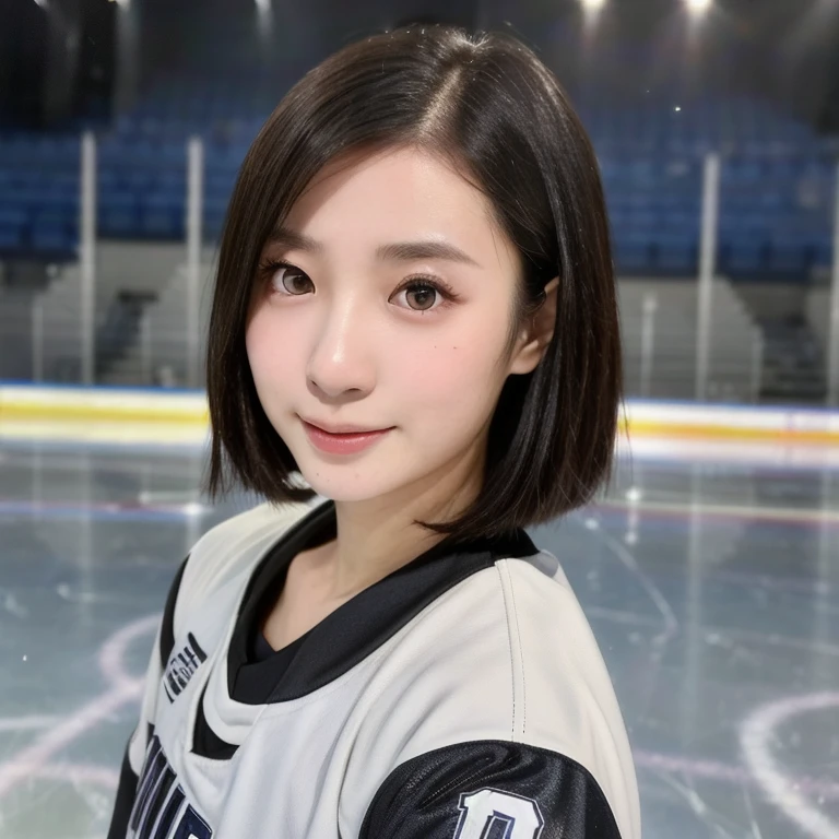 (kawaii 24year-old Japanese girl, Nogizaka idol, Korean idol), female hockey player, (glossy black hair, very short hair:1.3), (rounded face, black eyes, single eyelid, no makeup, soft smiling:1.2), (wearing ice hockey jerseys:1.3), (flat chest, extra small breasts:0.8), (looking at viewer:1.2), BREAK, (ice skate arena background:1.3), (vertical shot, close shot:1.3), BREAK, (masterpiece, best quality, photo realistic, official art:1.4), (UHD, 8K quality wallpaper, high resolution, raw photo, golden ratio:1.3), (shiny skin), professional lighting, physically based rendering, award winning, (perfect anatomy, highly detailed skin, extremely detailed face and eyes:1.2), Carl Zeiss 85 mm F/1.4, depth of field, 1girl, solo,