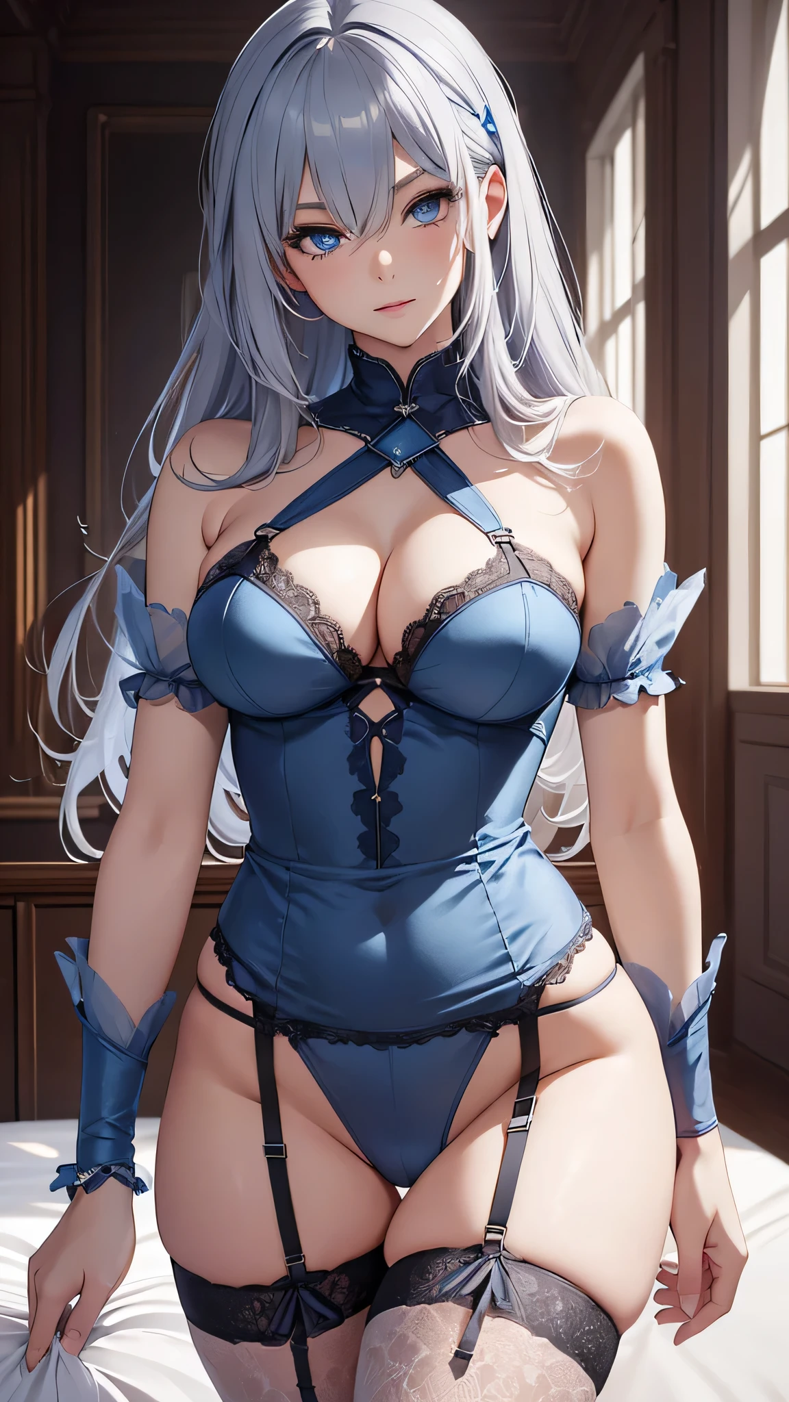 ((highest quality))、((Highest quality))、((Highest Resolution))、masterpiece、adult beauty、Gray Hair, blue eyes, light blue garter belt, Big Breasts、((to close range)), On the bed、