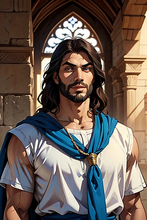 Man in white tunic and blue sash in front of a wall, handsome prince of Persia, portrait of Bedouin D&d, vestido como Jesus Cristo, com um rosto orientalista sorridente, Jason Momoa as Assyrian, jovem grego, picture of a male cleric, um retrato do personagem  