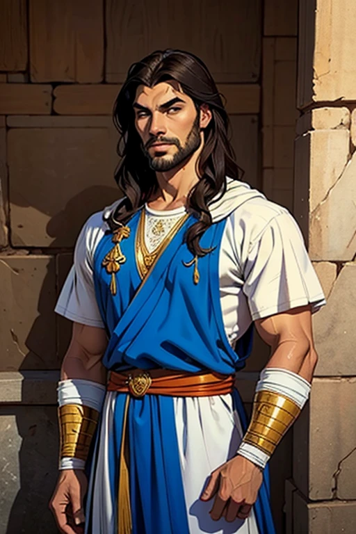 Man in white tunic and blue sash in front of a wall, handsome prince of Persia, portrait of Bedouin D&d, vestido como Jesus Cristo, com um rosto orientalista sorridente, Jason Momoa as Assyrian, jovem grego, picture of a male cleric, um retrato do personagem  