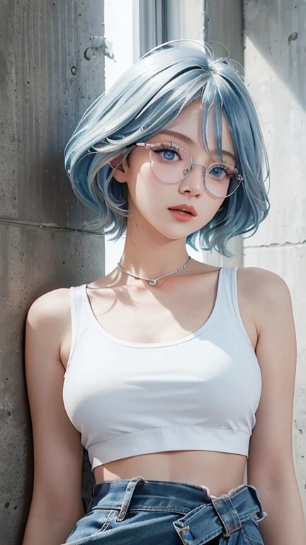 (masterpiece, best quality, 1 girl, alone, intricate details, Color difference), (actual),(skin),Star Kafka,(pure face_v1:0.3), ((medium breathing)),(blue hair、blue hair,),Detailed hair, Red tiara, Blue highlights,((Glasses on hair)),hair between eyes,blue eyes, wear glasses,sharp vision, collar,(((white crop top))),(Symmetrical eyes),(Perfectly symmetrical figure), night,(((Natural light))),backlight,Leaning against a gray wall, dim lights ,(look at the audience),((center shot, from the front,(Face and waist))), Beautiful and well-proportioned,shiny skin,Fashion,portrait, (( corrosive, Tempting, charming)),Laughed happily