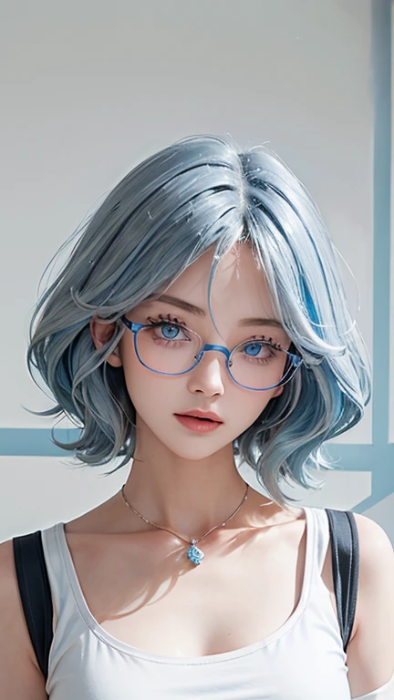 (masterpiece, best quality, 1 girl, alone, intricate details, Color difference), (actual),(skin),Star Kafka,(pure face_v1:0.3), ((medium breathing)),(blue hair、blue hair,),Detailed hair, Red tiara, Blue highlights,((Glasses on hair)),hair between eyes,blue eyes, wear glasses,sharp vision, collar,(((white crop top))),(Symmetrical eyes),(Perfectly symmetrical figure), night,(((Natural light))),backlight,Leaning against a gray wall, dim lights ,(look at the audience),((center shot, from the front,(Face and waist))), Beautiful and well-proportioned,shiny skin,Fashion,portrait, (( corrosive, Tempting, charming)),Laughed happily
