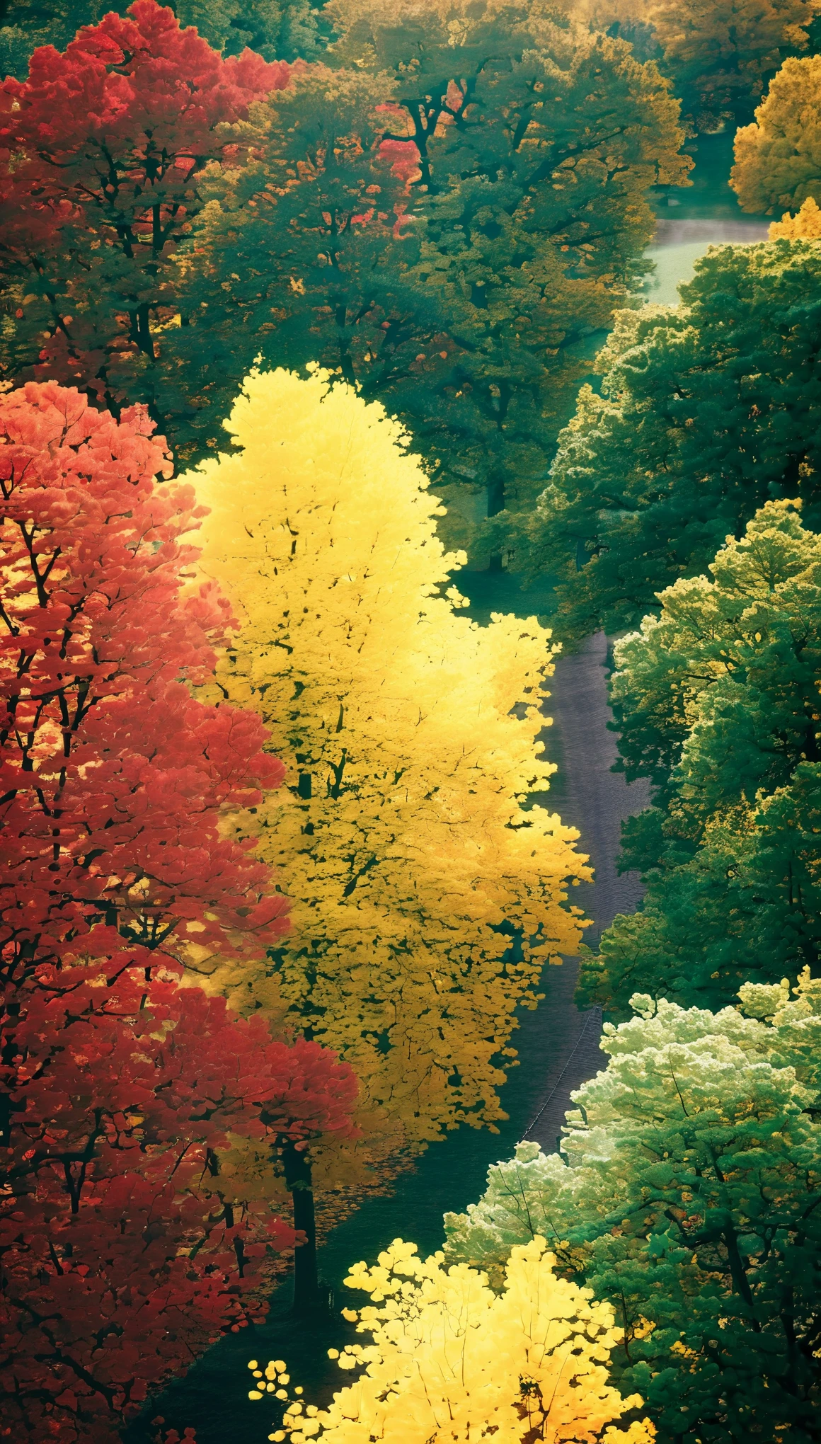 cinematic photo , style by Theo Bosboom and and Anna Atkins, photorealistic, masterpiece, bird's-eye view, oak forest red and yellow and green leaves fill the entire space, autumn, rain, saturation, professional, inviting, well-lit, high-resolution, . 35mm photograph, film, bokeh, professional, 4k, highly detailed