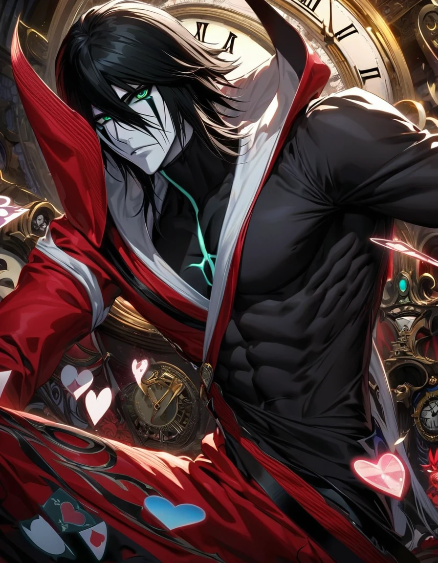 Ultra detailed, highres, absurdres, HDR, Ulquiorra Cifer, black hair, green eyes, bleach, red long coat, black tight shirt with patterns, clock, gear, in wonderland, heart cards, sexy man, solo, handsome, very detailed face and eyes, black gloves, pale skin,