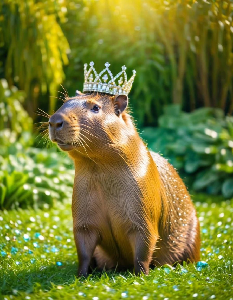 a capybara surrounded by shimmering blingbling,(best quality,highres),with a beautiful diamond necklace and a golden crown,standing in a lush green garden,under the warm sunlight,with vibrant colors and vivid details,creating a stunning and glamorous portrait.
