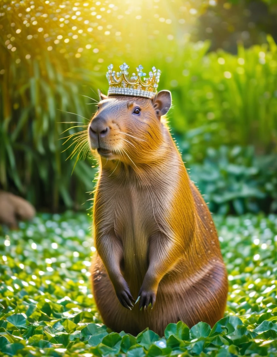 a capybara surrounded by shimmering blingbling,(best quality,highres),with a beautiful diamond necklace and a golden crown,standing in a lush green garden,under the warm sunlight,with vibrant colors and vivid details,creating a stunning and glamorous portrait.
