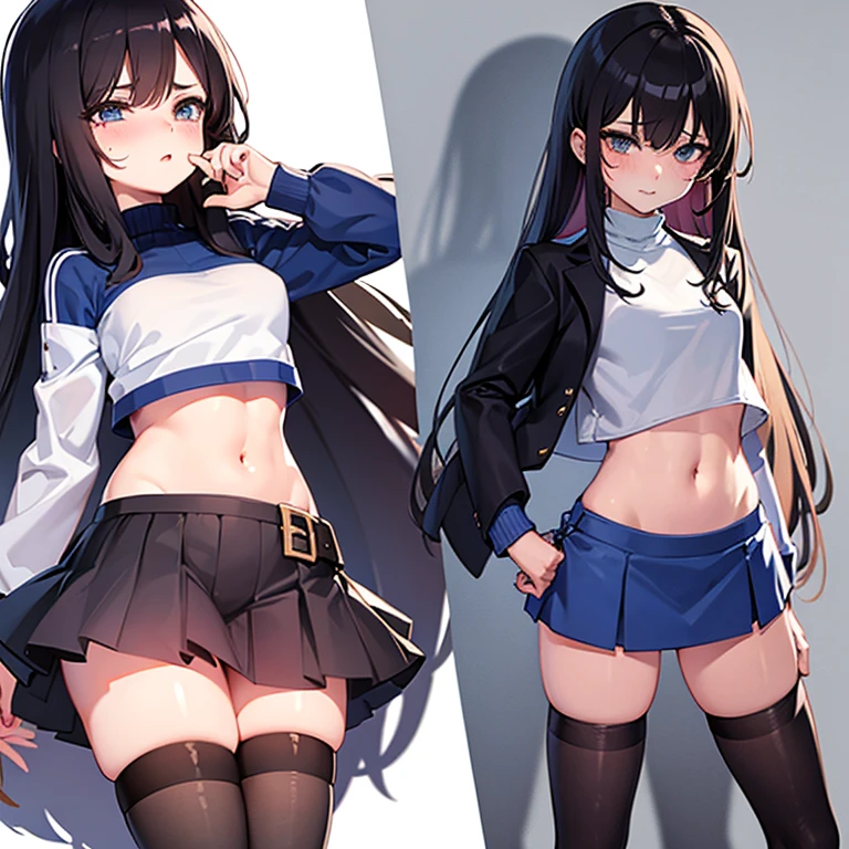 a , dark hair tied, no shirt or bra, covering with hands, pokies, flat-chested, smallbreast, thighhigh, crotch, posing with anotherrl in the office, they are both sweating.