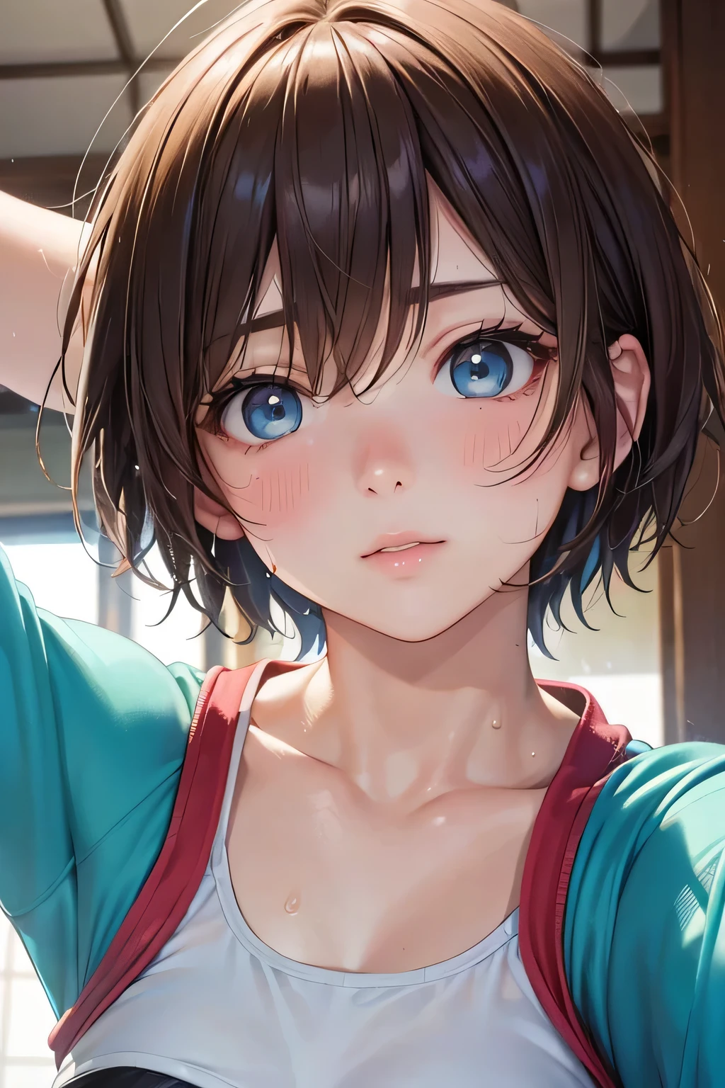 highest quality、Realistic、Women、Japanese、zoom、look up、cute、gym、Turquoise eyes、Chestnut Hair、Short Hair、Bodysuits、leotard、Face close-up、Sweat、Gymnastics