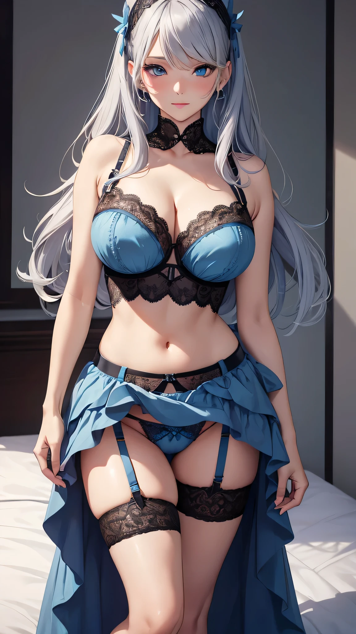 ((highest quality))、((Highest quality))、((Highest Resolution))、masterpiece、adult beauty、Gray Hair, blue eyes, light blue garter belt, Big Breasts、((to close range)), On the bed、