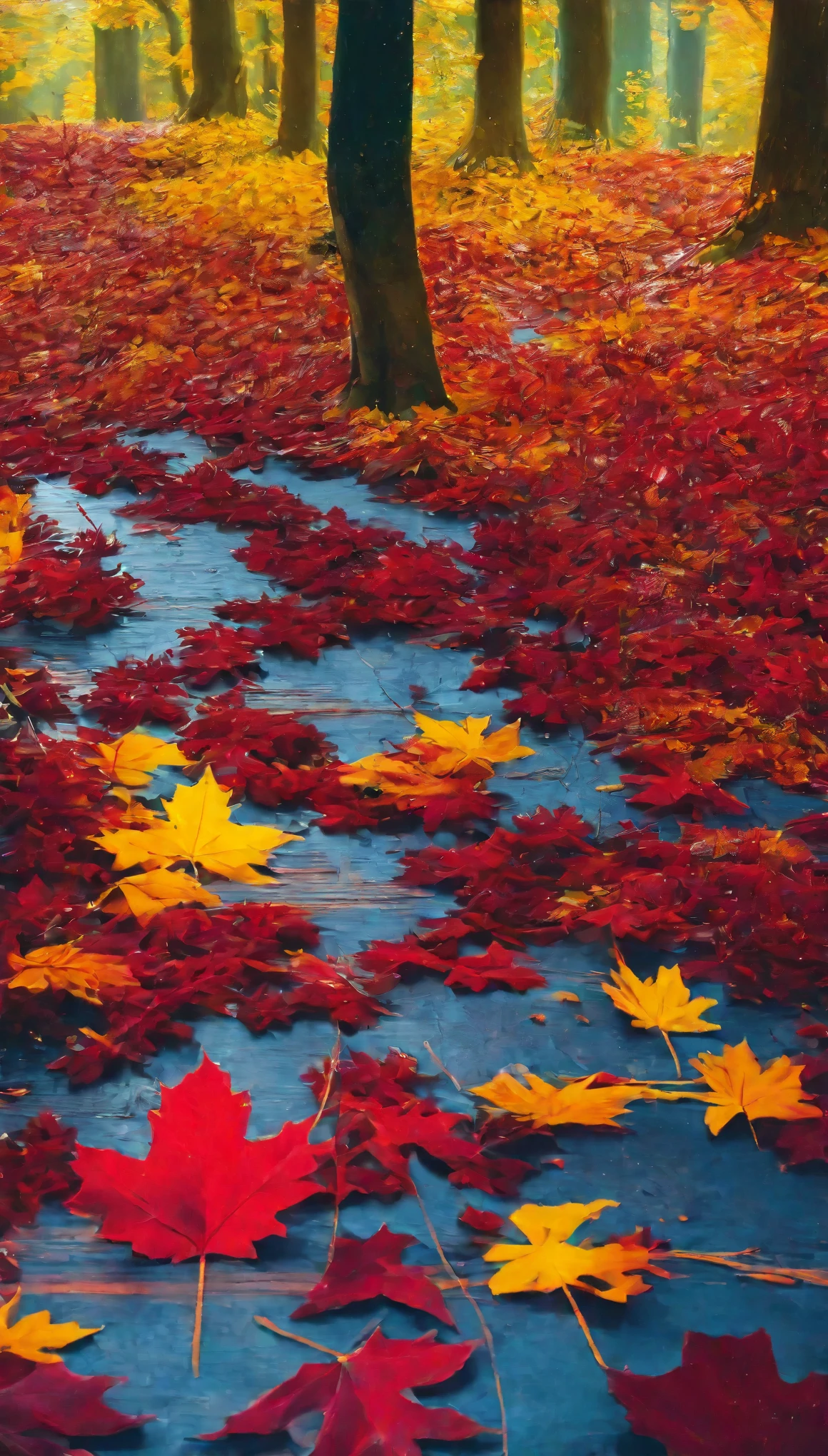 cinematic photo , style by Theo Bosboom and and Anna Atkins, photorealistic, masterpiece, bird's-eye view, oak forest red and yellow and green leaves fill the entire space, autumn, rain, saturation, professional, inviting, well-lit, high-resolution, . 35mm photograph, film, bokeh, professional, 4k, highly detailed