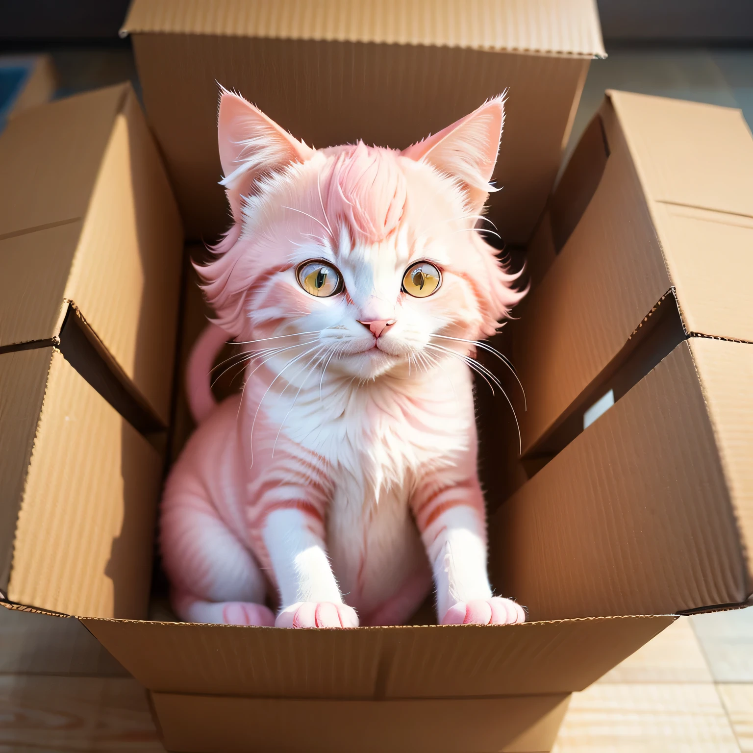 beautiful pink kitty cat in the cardboard box