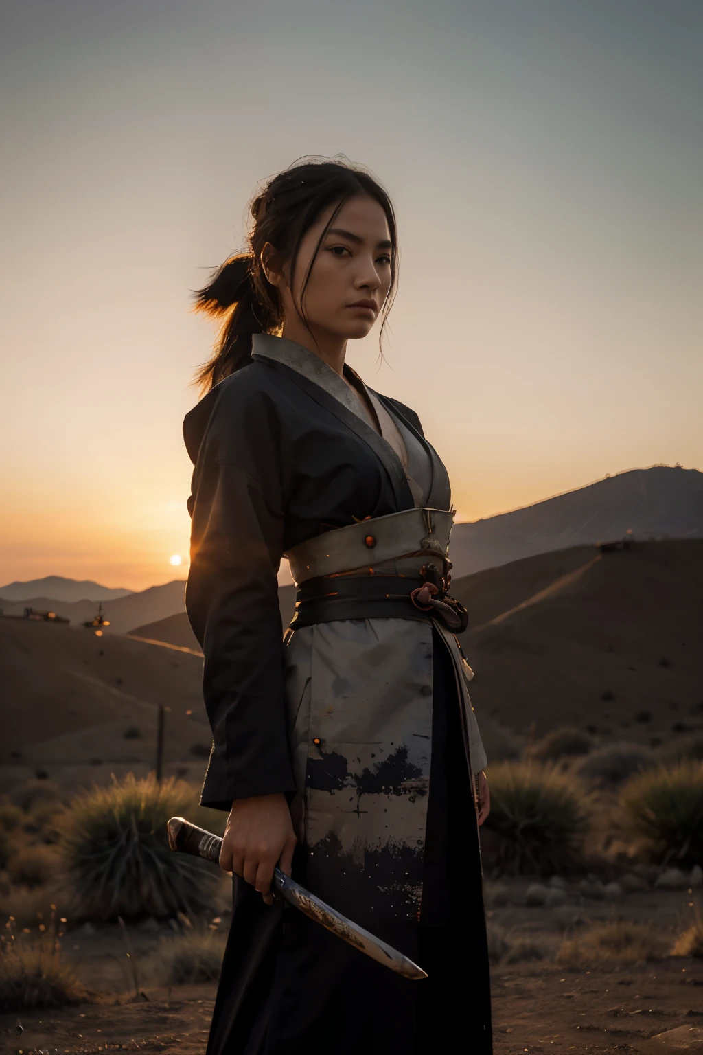 A samurai walking in a desert at dusk, with the moon as the background, front view, (best quality, 4k, 8k, highres, masterpiece:1.2), ultra-detailed, (realistic, photorealistic, photo-realistic:1.37), perfect face, intricate details, dusty ground, wind blowing samurai's robe, intense gaze, strong and muscular build, katana held firmly in hand, sunset colors painting the sky, shadows cast by the samurai's figure, mystical aura, vibrant and contrasting colors, dynamic lighting, striking silhouette.