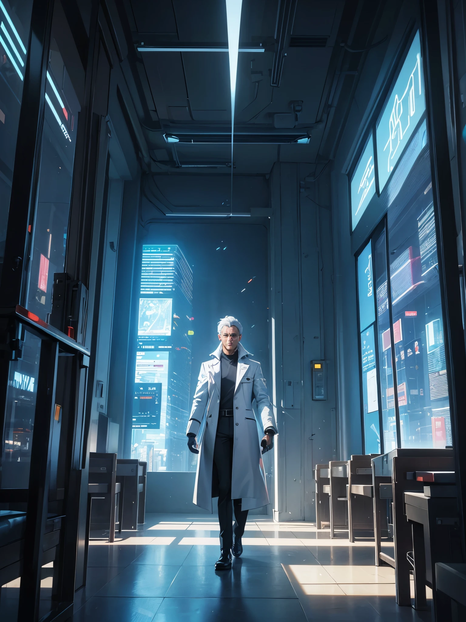 A cyborg teacher with a mechanical arm and bionic eye, wearing a white coat and holding a holographic tablet, em frente a um quadro digital interativo, where it shows complex graphs and formulas, enquanto ensinava uma turma de alunos com fones de ouvido de realidade aumentada e pulseiras inteligentes, em um moderno, sala de aula iluminada, with windows displaying a futuristic cityscape with skyscrapers and flying vehicles.
