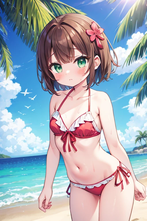 1girl,bikini,kinomoto sakura, solo, green eyes, brown hair, short hair, antenna hair, beach,palm tree,shiny, looking at viewer, flat chest,blush,pussy,wet clothes,crying face,high reg