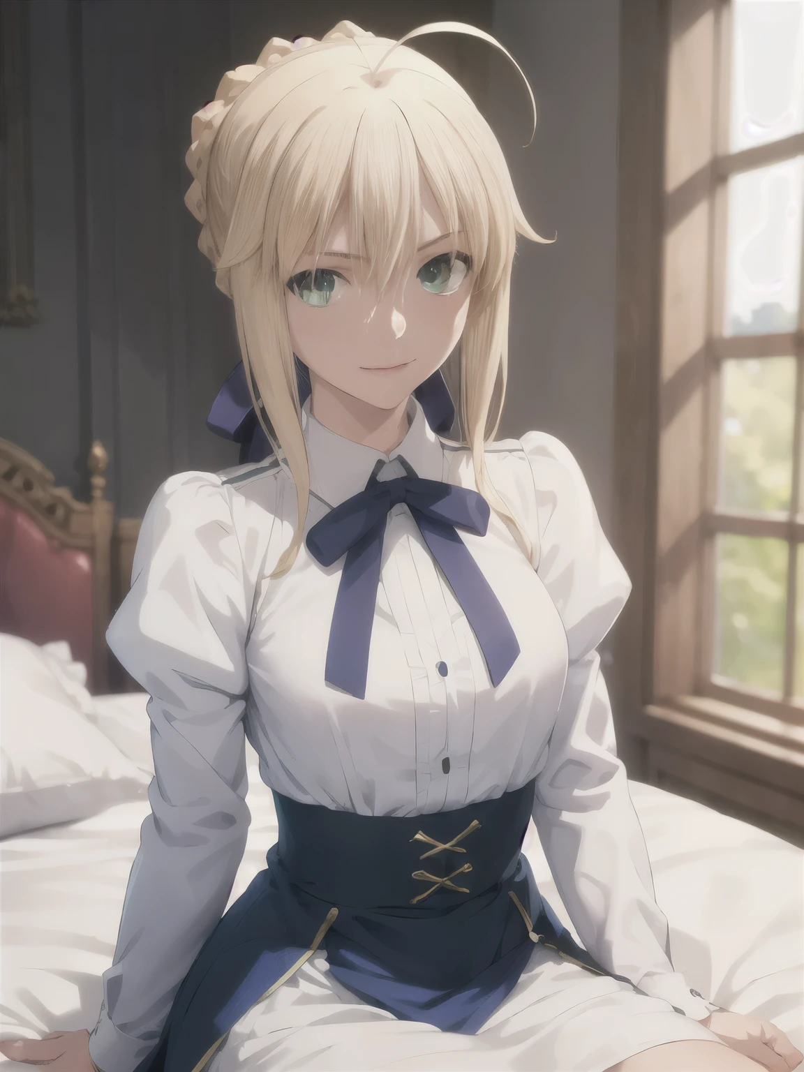 (masterpiece:1.4), (best quality:1.4), realistic, highres, 1girl, artoria pendragon \(fate\), fair skin, large breast, little ahoge, green eyes, white shirt, blue skirt, happy, little smile, blush, sitting on bed, in the castle, face focus, from the front, looking at viewer, close up view