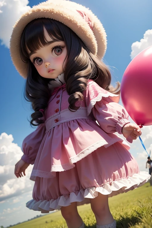 doll, a 8 years old girl, holding balloons, full body, real photo, looking above at me,