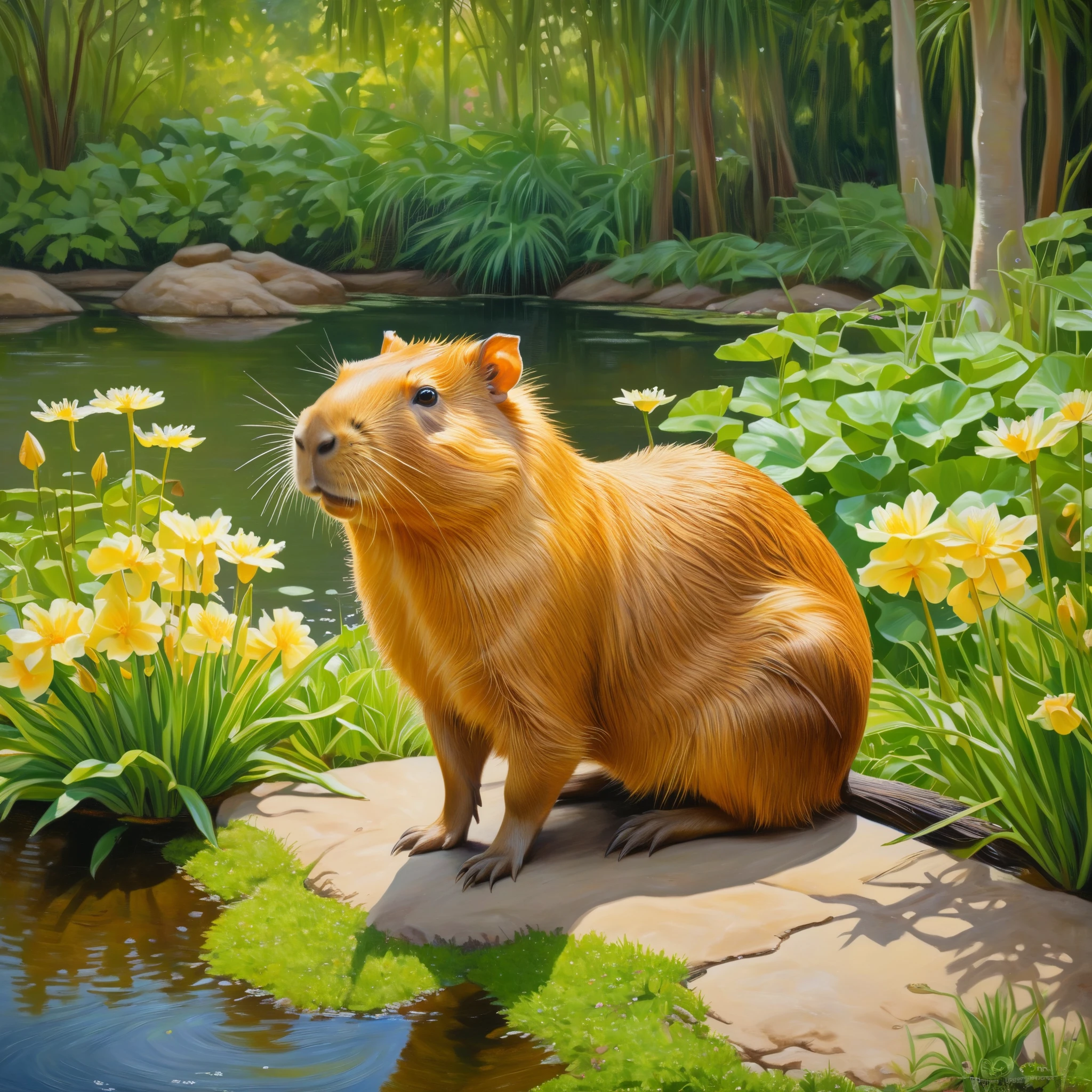 a cute golden capybara in a lush garden,oil painting,detailed fur and eyes,soft and fluffy texture,realistic and vibrant colors,natural lighting,peaceful and serene atmosphere,exquisite brushstrokes,highres,image of a capybara sitting near a pond,with flowers,plants and trees surrounding it, elegant and confident posture,happy and content expression,harmonious blending of greenery and wildlife