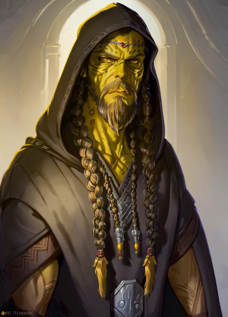 githyanki, solo, looking at viewer, male, jewelry, closed mouth, yellow eyes, braid, male focus, hood, facial hair, portrait, beard
, ((masterpiece, best quality)), art by greg rutkowski, artwork trending on artstation  