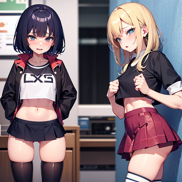 Sexy girls in short skirts and thigh high socks and crop top crying alot