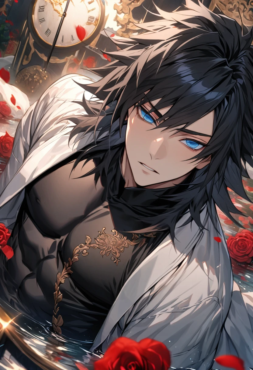 absurdres, highres, ultra detailed, HDR, masterpiece, extremely detailed face and eyes, perfect face, Tomioka Giyu, black untamed hair, with bangs, expressive blue eyes, Kimetsu No Yaiba, solo, sexy man, handsome, white coat, tight black shirt, patterns, red roses, black gloves, petals, in woderland, clock, water floating around his body
