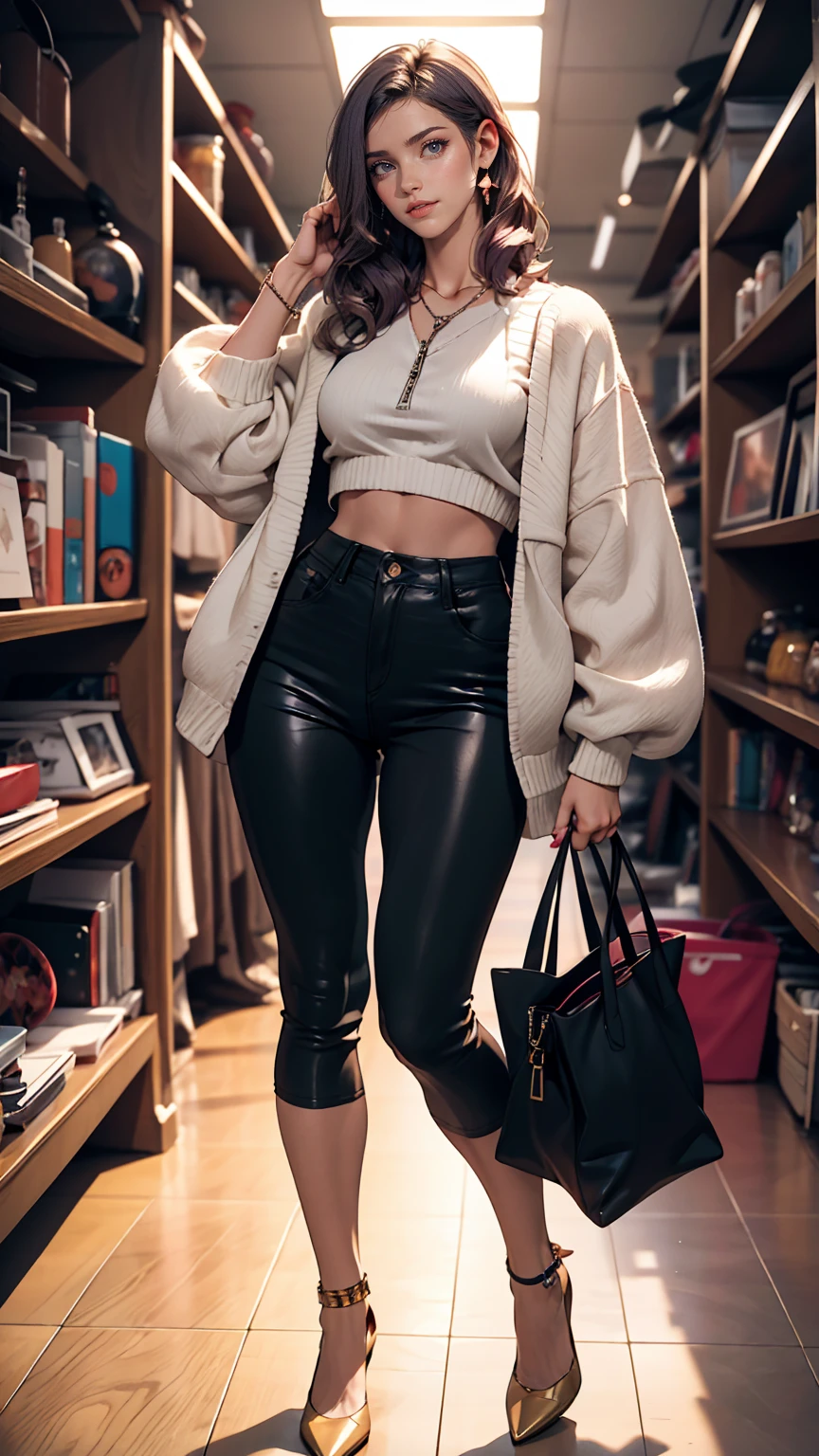 ((最high quality, 8K, masterpiece: 1.3, Ultra HD, high quality, 最high quality, High resolution, realism)) 、A 22-year-old extremely beautiful white woman、Body shape like a fashion model、Hair color blonde、blue eyeedium Hair、Straight Hair、smile、Background blur((depth of field))、Aerial perspective((atmospheric perspective))、I want my head to stay off screen、Put an anklet on your ankle、Wearing red nail polish、I have a peticure、Fashion model body type、purple inner color((colored inner hair))、Hair behind ears((hair behind ear))、Wear high-neck zipper-up tops、Large chest、Narrow waist、Wear leggings、Wear high heels、In the walk-in closet