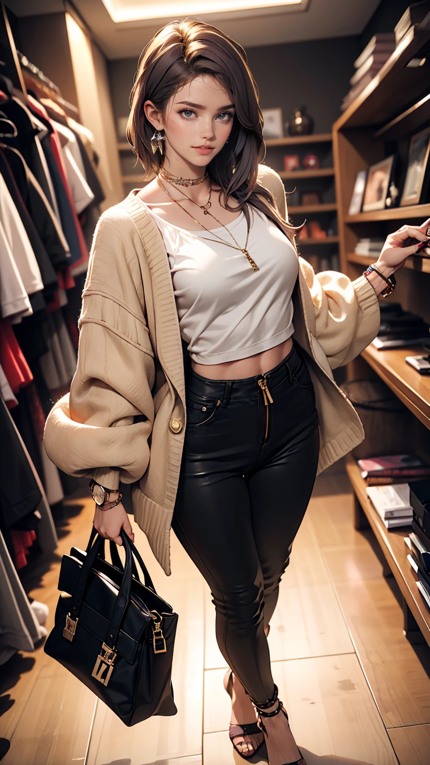 ((最high quality, 8K, masterpiece: 1.3, Ultra HD, high quality, 最high quality, High resolution, realism)) 、A 22-year-old extremely beautiful white woman、Body shape like a fashion model、Hair color blonde、blue eyeedium Hair、Straight Hair、smile、Background blur((depth of field))、Aerial perspective((atmospheric perspective))、I want my head to stay off screen、Put an anklet on your ankle、Wearing red nail polish、I have a peticure、Fashion model body type、purple inner color((colored inner hair))、Hair behind ears((hair behind ear))、Wear high-neck zipper-up tops、Large chest、Narrow waist、Wear leggings、Wear high heels、In the walk-in closet