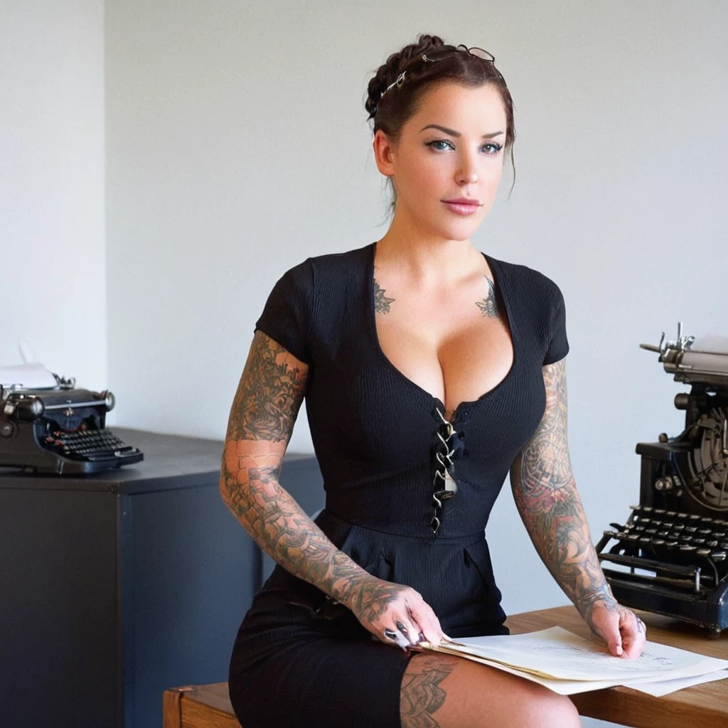 A "UHD", "full-body image" of "female" Laurence bedard (Age 30) dressed in "straps-and-buckles". She has "hazel eyes" and "french-twist" hair style. Location: office. Additional Information: at the office typing a letter, she is sat down typing looking at typewriter grinning