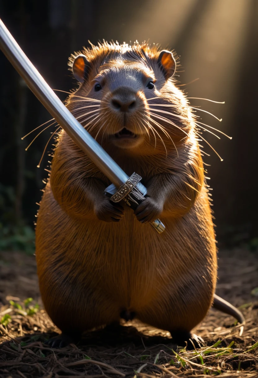 upperbody Photography of Capybara swordman，atomically correct,Raw, cinematic shot, (sharp focus:1.5), (photorealistic:1.4), twilight lighting, volumetric lighting, ultra high res, 16K,dramatic lighting, abstract backgrounds：1.5），Glowing sword,Hold the hilt of a sword in your hand，Start-up，1sword，solo，（zentangle，datura，Tangles，entangled：0.7） , depth of field, Fantastical Atmosphere, The most beautiful form of chaos, ellegance, Dark theme of Fauvist design, Flower of Death, Flowers of ecstasy，Glowing Line,Glow Example，Tracking example，flash， Backlight，translucent，light particles， xianxia