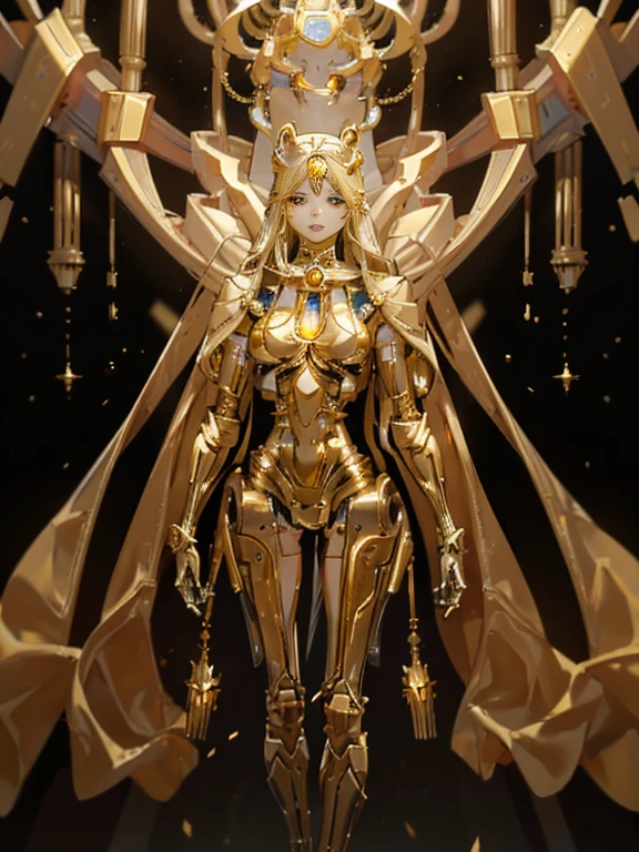 Maria is resurrected with a golden mechanical body,
 Masterpiece, Full body portrait,
 The face is a clean and beautiful human face,
 The golden internal skeleton is visible except for the face.,
 Wearing underwear so thin that the internal skeleton can be seen through,
 There are lots of beautiful mechanized girls around。