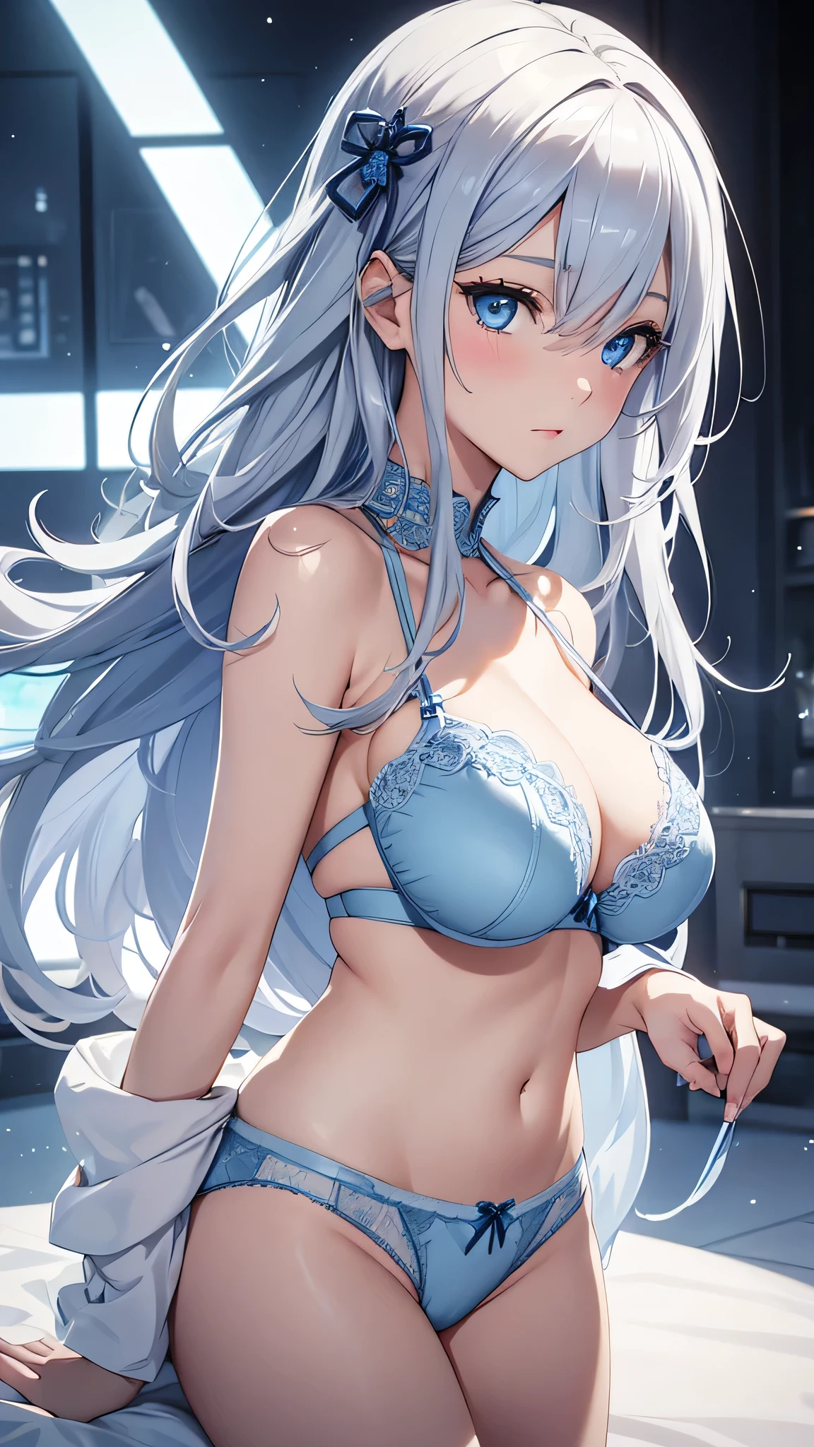 beautiful girl, Gray Hair, blue eyes,blue eyes,White underwear with light blue lace, Big Breasts、to close range