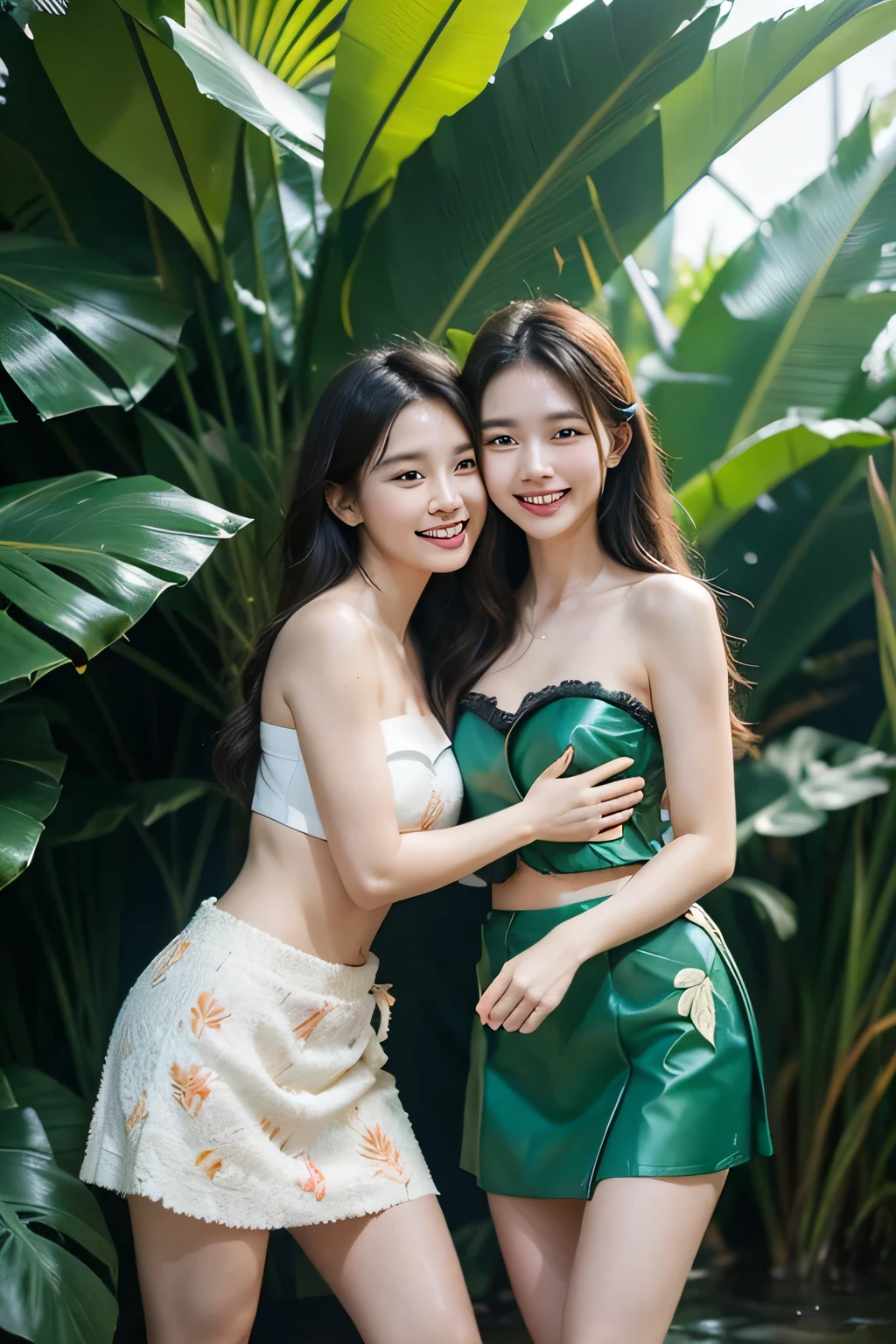 2 beautiful girls, Wear a strapless shirt., Hawaiian leaf skirt, Standing and hugging each other, smile, laugh, take a photo, light, sea, half body