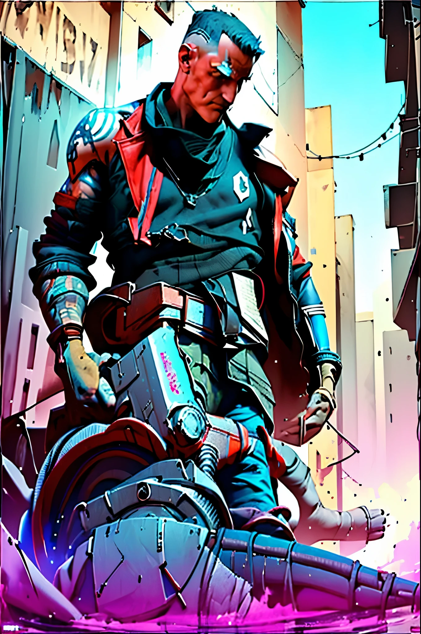 ((best quality)), ((masterpiece)), (very detailed body and face:1.3), 3D, Beautiful (cyberpunk:1.3) Beautiful young man with hair shaved on the sides and a petrol blue mohawk, VERY DETAILED AND BRIGHT, ((with weapons in his hands) ), (((futuristic Mad Max movie style background))), (((pink and cyan neon lights at night))), night image, at night, 32k
