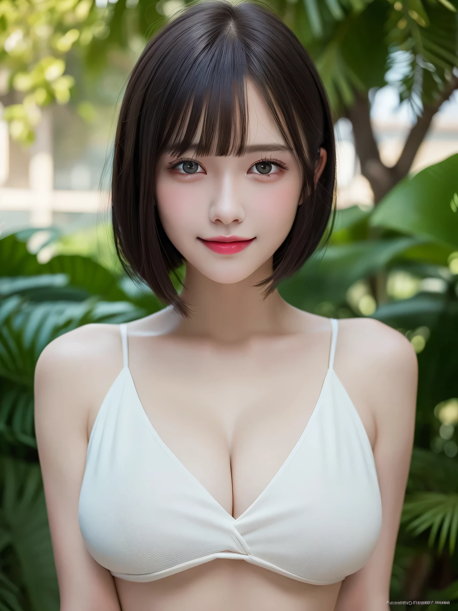 (8k), (best quality), (masterpiece:1.3), (realistic), (photorealistic:1.36), ultra-detailed, cinema lights,white bikini,smile,
1girl, solo, (((dark short cut hair with bangs))), (finely detailed beautiful amber eyes: 1.2), lustrous skin, show Clavicle, perfect skin, (adult face:1.2), (large_breasts:1.3),