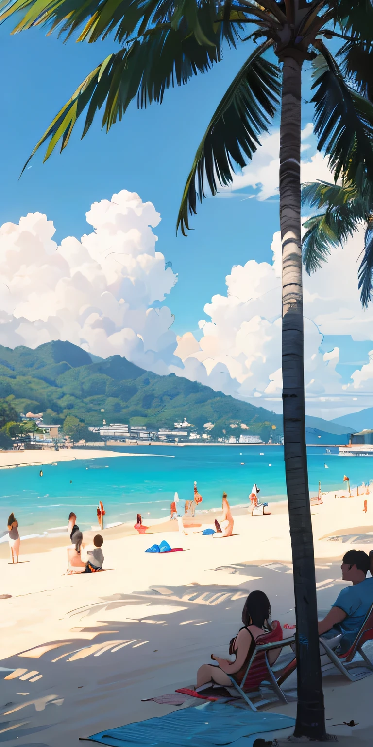 tropical blue sea, a small mountain far away, Lush palm trees, many people on the beach, patong beach, so many people, People sitting on the beach and looking at the sea