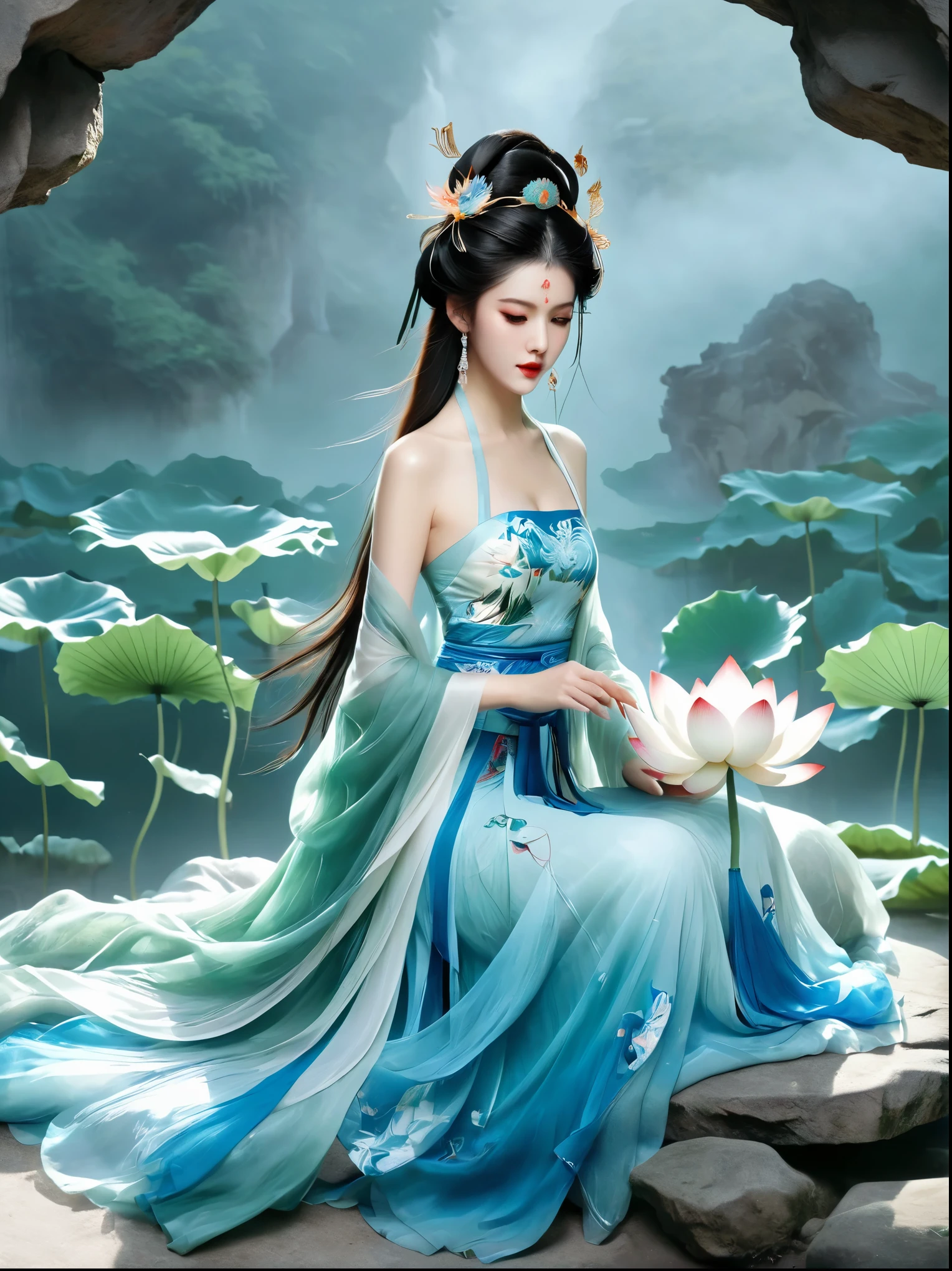 Chinese beauty sitting on the stone, Dressed in ancient Chinese costumes, Flowing blue tulle, Light Silk, Lazy posture, Big lotus leaf, lotus, Ink painting style, Clean colors, Decisive felling, White space, Mode, masterpiece, Ultra Detailed, Epic creation, high quality, best quality, Ultra HD，masterpiece，precise，Anatomically correct，Textured Skin，Awards, Best quality, 8k