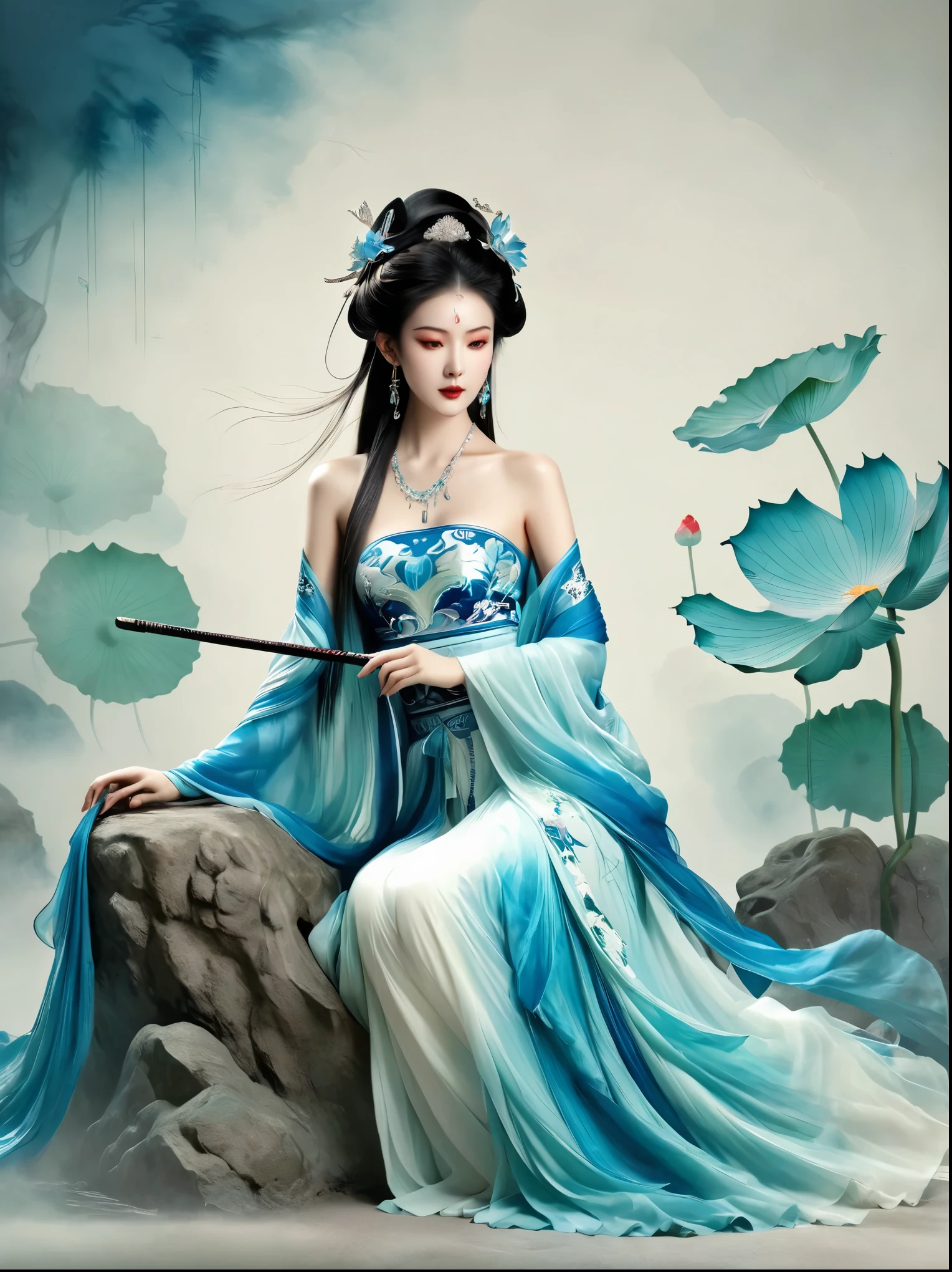 Chinese beauty sitting on the stone, Dressed in ancient Chinese costumes, Flowing blue tulle, Light Silk, Lazy posture, Big lotus leaf, lotus, Ink painting style, Clean colors, Decisive felling, White space, Mode, masterpiece, Ultra Detailed, Epic creation, high quality, best quality, Ultra HD,masterpiece,precise,Anatomically correct,Textured Skin,Awards, Best quality, 8k